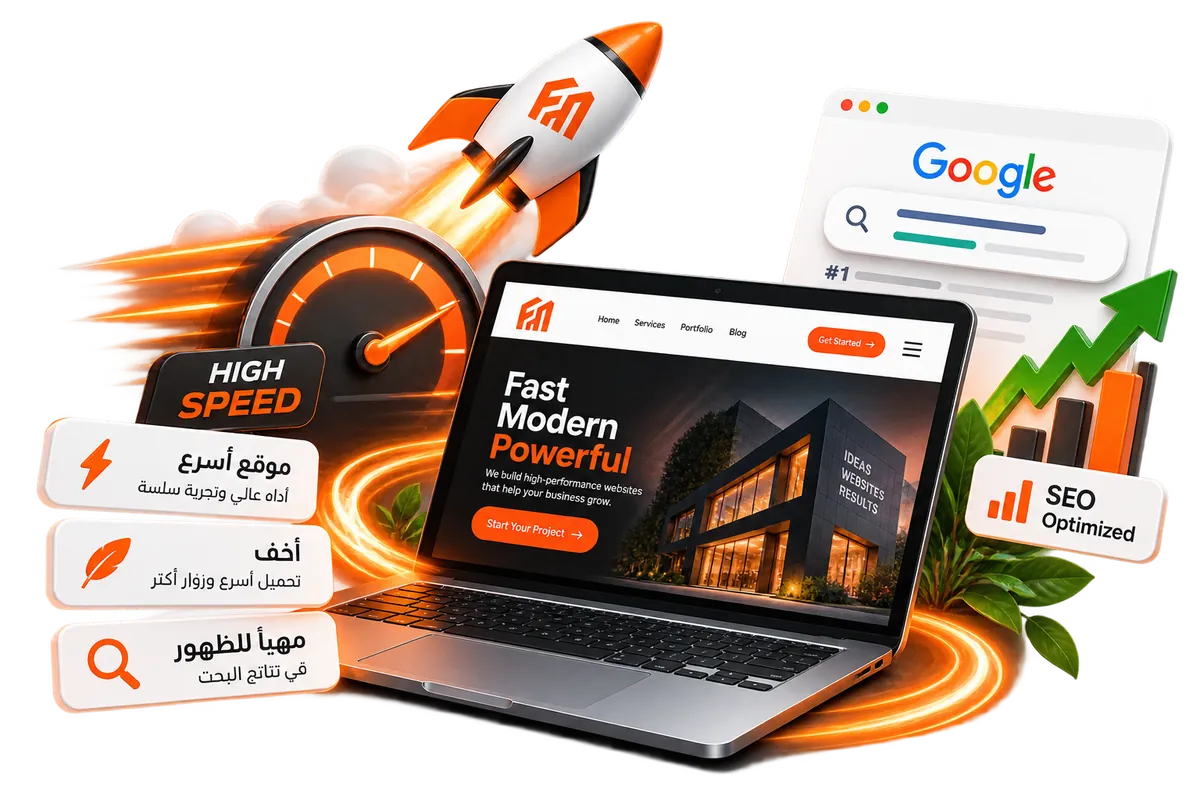 Transparent cutout laptop with SEO, speed and web development elements